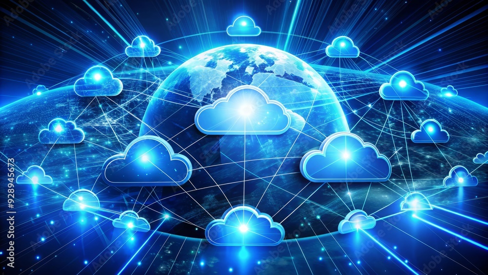 Poster glowing blue virtual clouds hover above a stylized global network of interconnected devices, symboli
