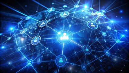 Obraz premium Glowing blue network technology icon on a dark background, representing digital communication and data exchange in a futuristic and innovative virtual environment.