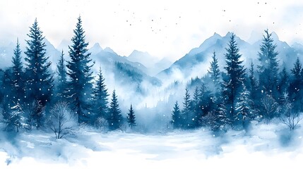 Fototapeta premium Watercolor winter landscape with frosted trees and falling snow, offering a tranquil backdrop for holiday invitations.