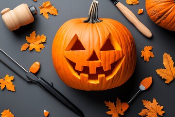 A minimalist image of pumpkins being carved for Thanksgiving