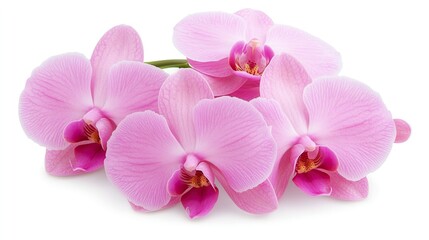Fototapeta premium Elegant pink orchid blossoms showcasing purple veins in full bloom against a soft white backdrop