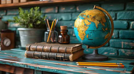 Vintage Globe and Books on a Blue Table - Realistic Photo