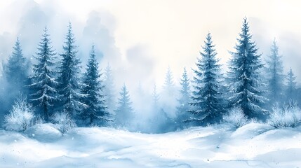 Obraz premium Watercolor winter landscape with frosted pine trees and a soft snow-covered ground, creating a peaceful invitation backdrop.