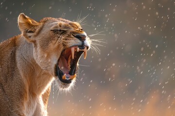 Lioness Roaring in the Rain