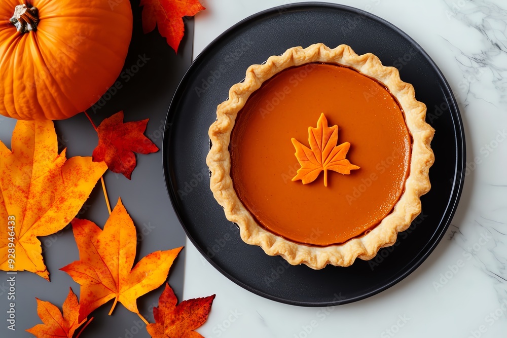 Poster a minimalist image showing a simple representation of pumpkin pie set against an agricultural backgr