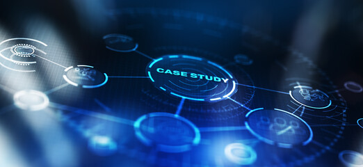 Case study button on virtual screens. Education Analysis concept
