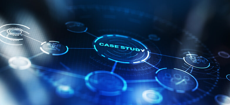 Case study button on virtual screens. Education Analysis concept
