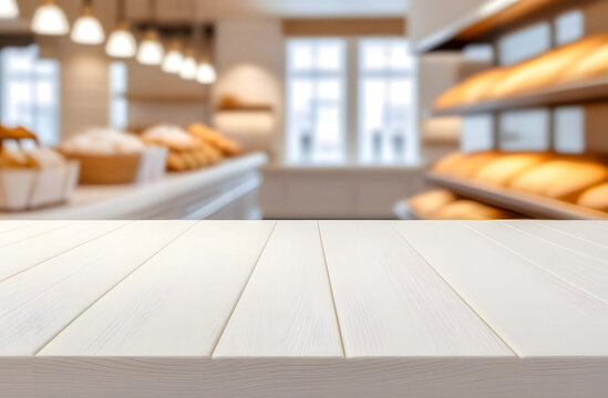 Empty table top on the background of a cozy light bakery with fresh pastries
