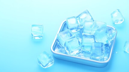 A tray of ice cubes on a blue background. The ice is clear and shiny.