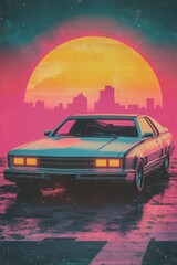 A retro poster design featuring a vintage car, bold geometric shapes, and a faded, grainy texture, colors from the 80s neon palette