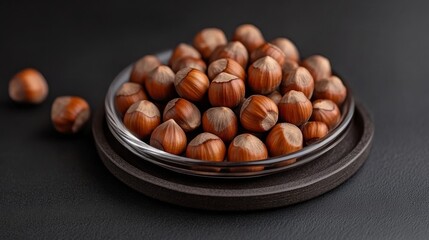 Obraz premium Delicious brown hazelnuts on coaster.