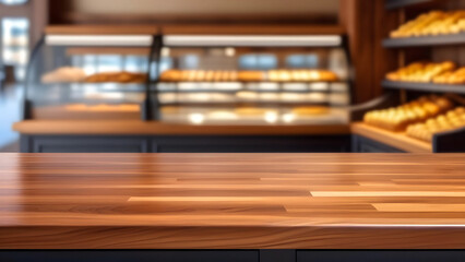 Empty table top on the background of a cozy bakery with fresh pastries. 