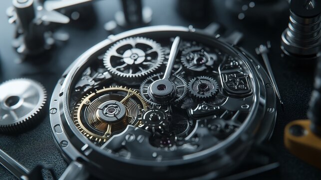 Close-up of intricate watch mechanism showcasing gears, springs, and detailed engineering components in a macro view.