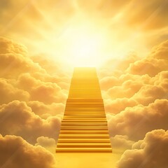 Golden staircase ascending into a bright, heavenly light amidst fluffy clouds.