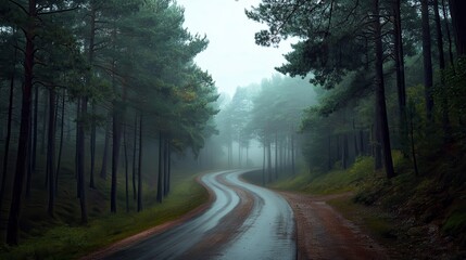 Fototapeta premium A road with trees on both sides and a foggy atmosphere