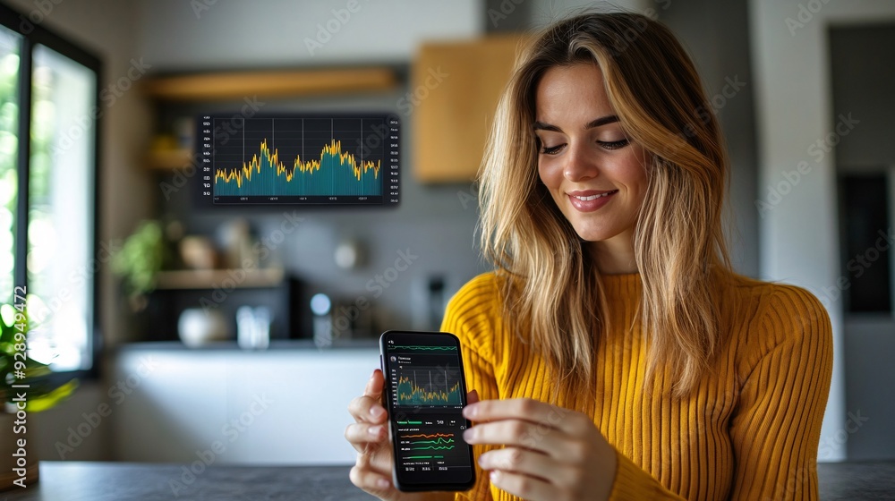 Poster A young woman using a smartphone app to monitor her investments with a graph showing growth over time in the background Stock Photo with copy space