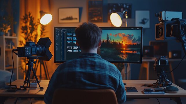 Photographer editing landscape photos on a computer in a home studio with professional lighting and camera equipment.