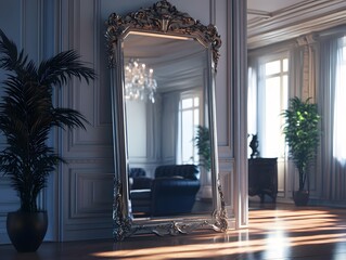 Ornate mirror reflects a sunlit living room with  plants and furniture.  Elegant, classic interior design.