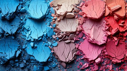 Fototapeta premium A striking palette of crushed blue and pink eyeshadow pigments, emphasizing cosmetics, texture, and beauty trends. Perfect for articles on makeup, style, and color palettes.