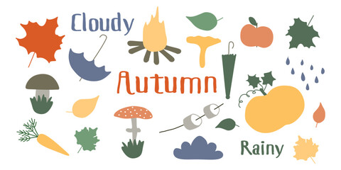 Hand drawn vector set autumn elements. Fall leaves, mushrooms, maple, acorns, berries, oak, pumpkins. Harvest time. Colored trendy illustration on white background. Autumn floral stickers for print