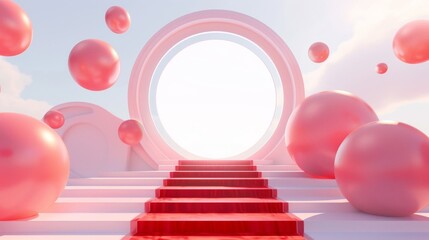 Red staircase leading to white circle center, surrounded by pink spheres and a sky-blue background. Symmetrical composition with soft lighting and dreamy atmosphere