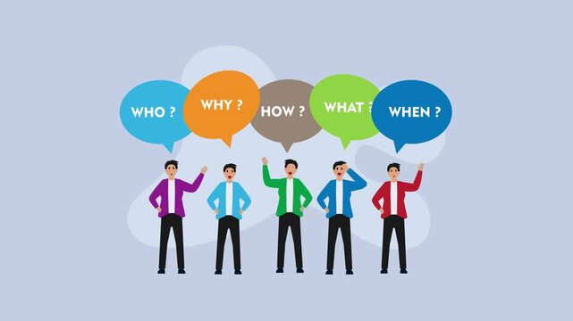 people with speech bubbles 5W1H cartoon animation