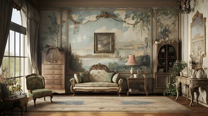 Fototapeta premium Vintage Room with Intricate Hand-Painted Wall Art and Nostalgic Decor