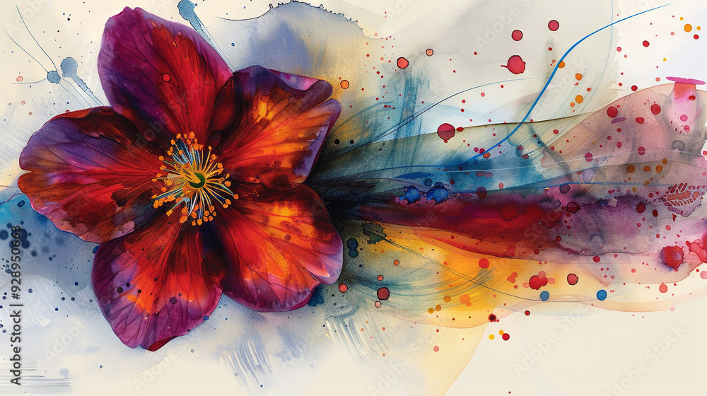 Wall mural red flower with paint splatters and multicolored petals