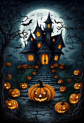 Fototapeta premium A spooky, cartoon-style haunted house with multiple towers, surrounded by bats and a full moon. The path is lined with glowing jack-o'-lanterns, creating a Halloween atmosphere.