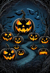 A spooky Halloween scene featuring several carved pumpkins with glowing faces, set against a dark night sky filled with bats. A winding path leads through a grassy area, enhancing the eerie atmosphere