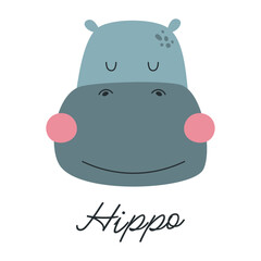 Cute hippo with pink cheeks vector illustration. Print for baby clothes, notepads and cards.	
