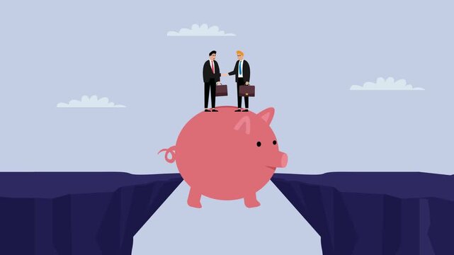 Vector of a piggy bank bridging the gap between a businesspeople. Assisting business people to overcome difficulties cartoon animation