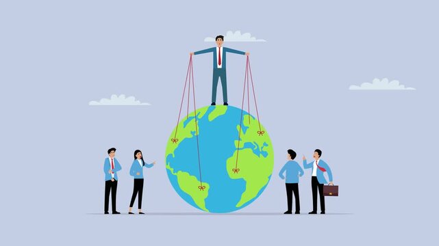 Save the Earth. Political and business games. Puppet string to control the world cartoon animation