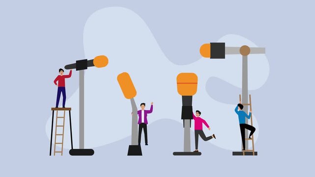 Concept of live report, interview, big microphone in journalist's hand. Live news template cartoon animation