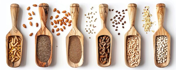 different wooden scoop for bulk products and cereals on white background 