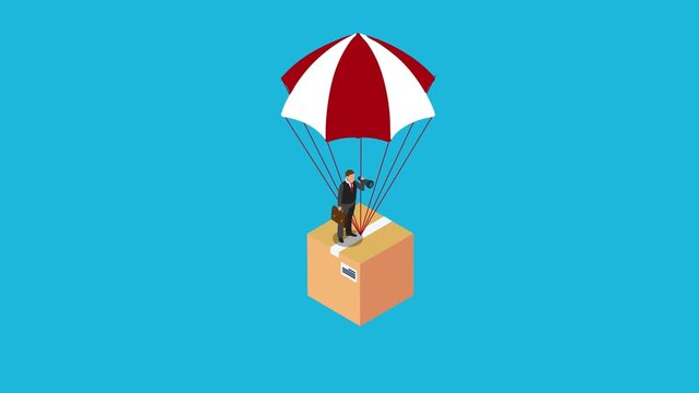 dropshipping business opportunity, businessman using binoculars while riding a flying parachute with package 3d animation cartoon