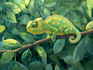 A tiny chameleon seamlessly blending with vibrant green leaves while perched on a slender 