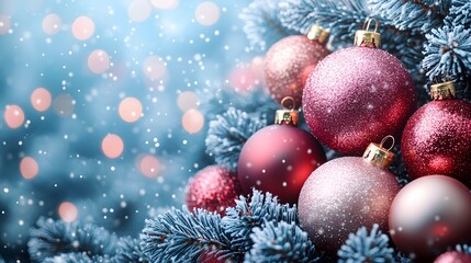 Fototapeta premium Festive Christmas and New Year background with bright winter elements, featuring snowflakes and ornaments, perfect for a holiday greeting card or banner.