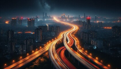 Aerial shot of highway in modern town Birds Eye drone view travel business transportation