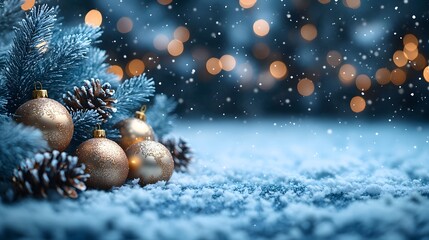 Winter holiday scene with a cheerful blend of Christmas and New Year decorations, including ornaments and garlands, perfect for a seasonal poster or greeting card.