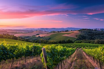 Naklejka premium Twilight Splendor: Serene Italian Countryside Sunset over Vineyards and Olive Groves