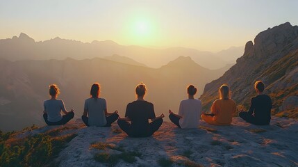 Group of Friends Find Mindful Connection Practicing Meditation on Mountain Peak