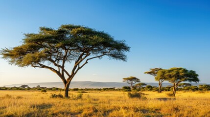 Obraz premium Golden Hour Magic in African Savannah - Dramatic Landscape with Acacia Trees, Long Shadows, and Warm Hues for Safari and Adventure Travel Promotions