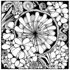 Fototapeta premium Creative Abstract Zentangle Pattern: Black and White Decorative Illustration for Children's Coloring Books. Harmonious Blend of Nature and Culture in Intricate Design. Versatile Artwork for Luxury Sca