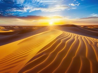 Golden Hour Magic: Mesmerizing View of Sahara Desert Sand Dunes - Ideal for Adventure Travel Promotion