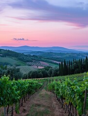 Fototapeta premium Twilight Over Italian Countryside - Serene Landscape with Vineyards and Olive Groves
