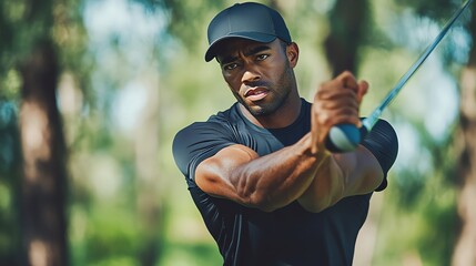 A man wearing a black t-shirt and a black hat is preparing to hit a golf ball.