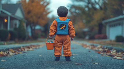 A tiny Ghostbuster, complete with a proton pack and jumpsuit, holds a trick-or-treat candy bucket in hand. The scene is captured on a 28mm Kodak camera, giving it a vintage film color effect. The nost