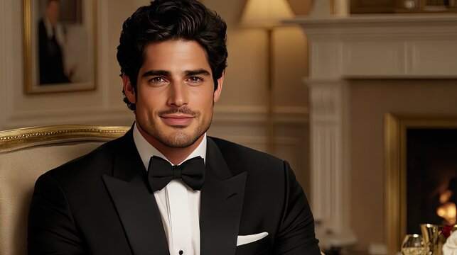 A sophisticated man in an elegant tuxedo sits confidently on an armchair in a luxurious room, embodying timeless charm and style during an evening soiree