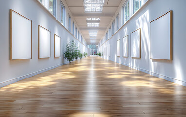Fototapeta premium Blank Posters in Corridor: Art Gallery Exhibition in 3D